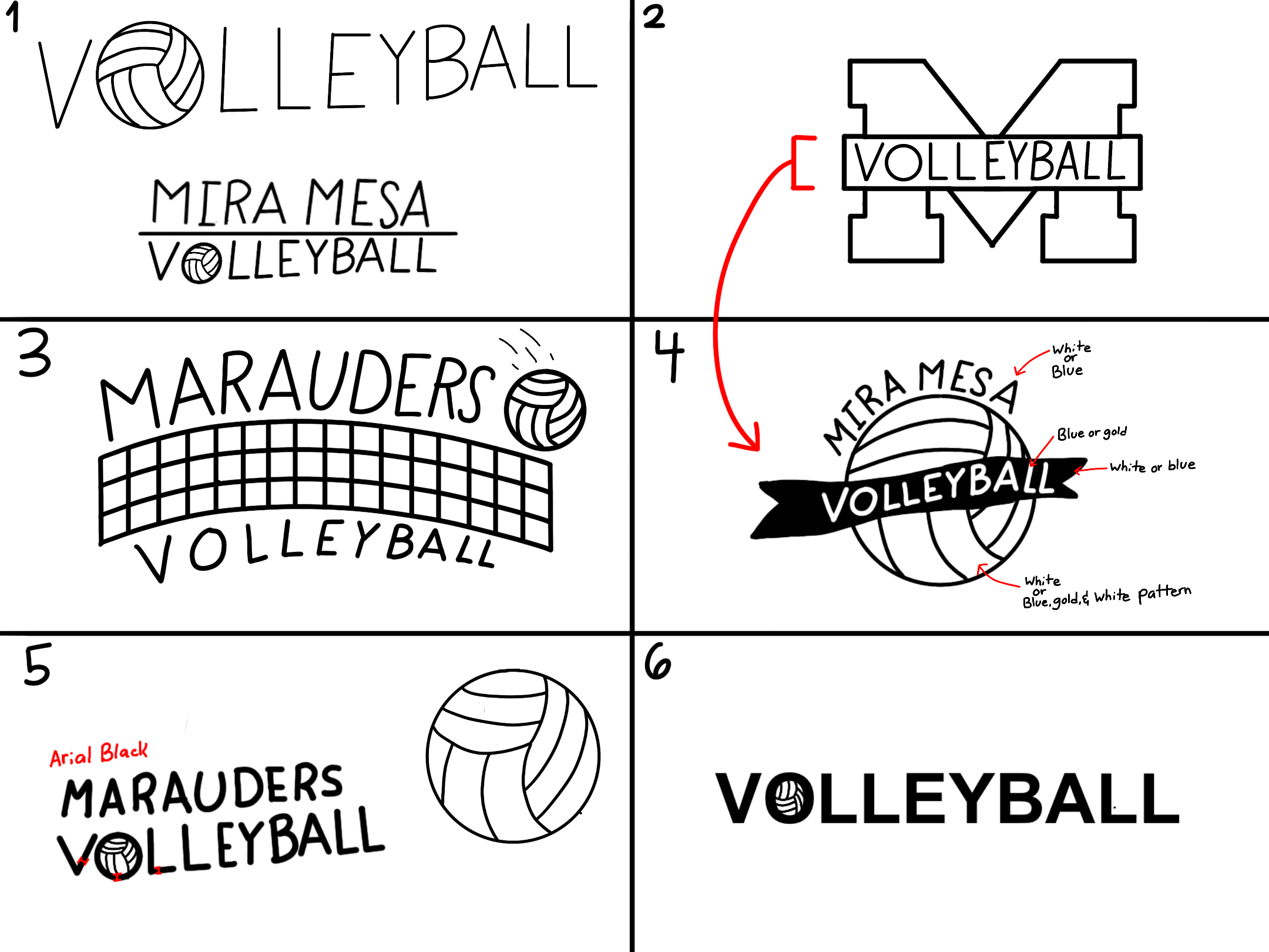 Six early thumbnail sketches exploring the Mira Mesa Volleyball design